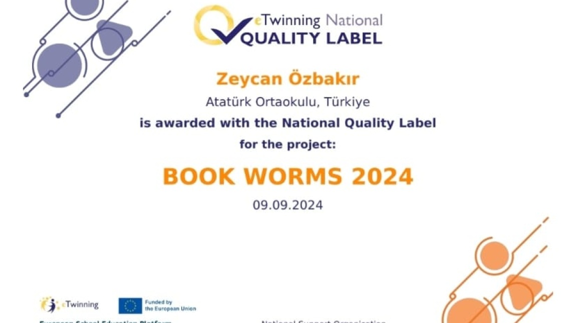 ''Book Worms'' isimli e-twinning projemiz ulusal kalite etiketi ödülü kazanmıştır.